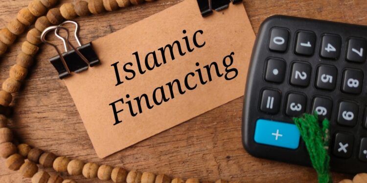 top-view-prayer-beadcalculator-brown-card-with-text-islamic-financing-wooden-background - Pratama Institute Syariah