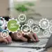 Businessman using computers for net zero greenhouse gas emissions target Weather neutral long term strategy. Net Zero and Carbon Neutral concept. net zero icon with decarbonization icon. on smart background