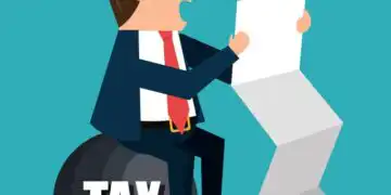 Cartoon businessman in a suit sitting on a large bomb labeled TAX, reading a document as a stack of paper leans nearby.