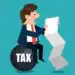 Cartoon businessman in a suit sitting on a large bomb labeled TAX, reading a document as a stack of paper leans nearby.
