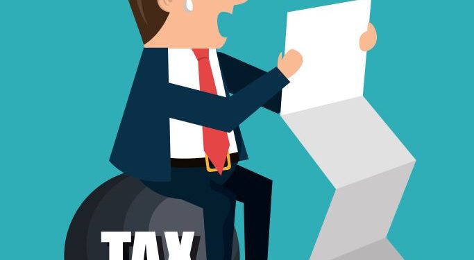 - Pratama Institute Cartoon businessman perched on a large bomb labeled 'TAX' while reading a document, symbolizing a tax burden stress test.