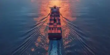 Container ship sailing at sunset on calm water, with a plane flying overhead and a distant bridge.