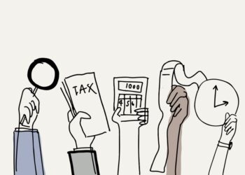 Illustration of diverse hands with tax items: a tax form, a calculator, receipts, and a clock to represent tax time.