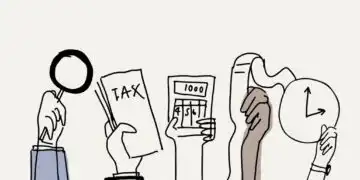 Illustration of diverse hands with tax items: a tax form, a calculator, receipts, and a clock to represent tax time.