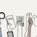 Illustration of diverse hands with tax items: a tax form, a calculator, receipts, and a clock to represent tax time.